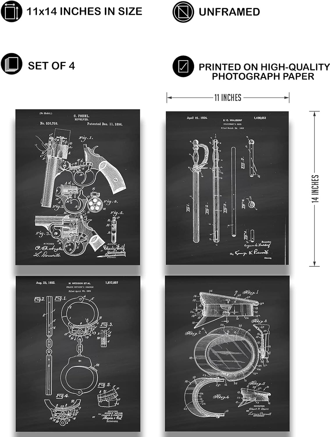 Govivo Police Patents - A Set of Four Police Gear Patents Wall Art Decor Prints with dark gray backgrounds - unframed artwork printed on photograph paper