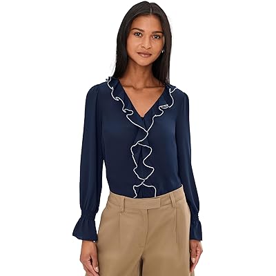 CeCe Contrast Ruffle Trim Long Sleeve V-Neck Top classic navy