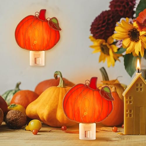 Miniatura 4 de Baquler 2 piezas de luz nocturna de calabaza de vidrieras enchufables a la pared, calabaza naranja brillante decoración de temporada para el hogar,