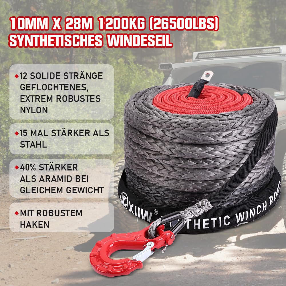 Seil-Winde 12-Strand 20500 LBS mit Schutzhüllenhaken f. LKW ATV UTV | 10mm x 28m Synthetik-Kunststoff-Seil UHMWPE Synthetikseil Windenseil Forstseil 9299KG Anhängerseil Fahrzeugwinde