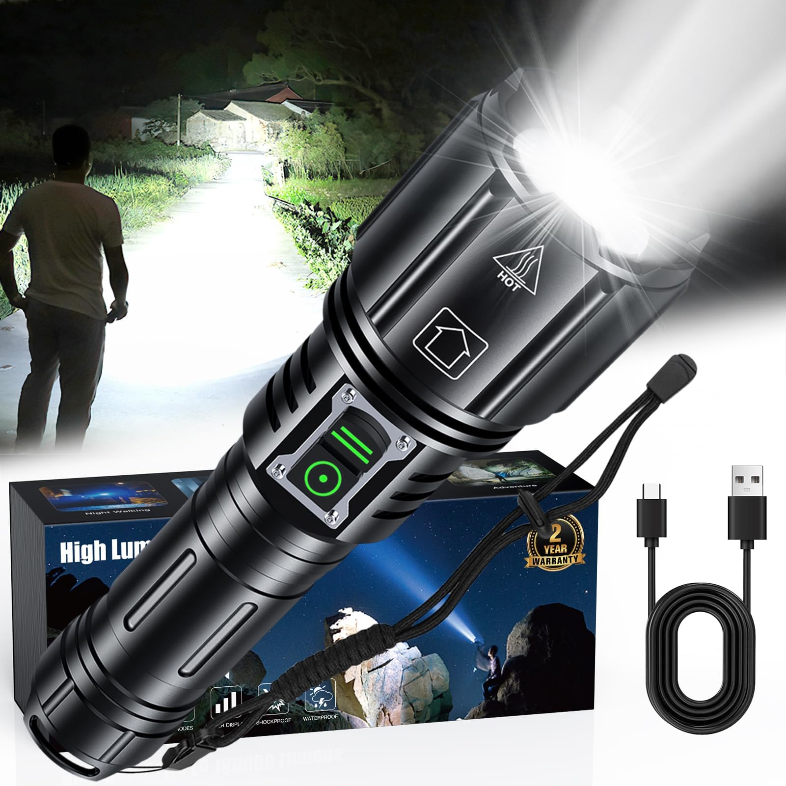 LED Super Bright Flashlight 2000 High Lumens, High Powered Rechargeable Flashlights, 6 Modes Zoomable, Waterproof Flash Lights, Tactical Handheld Flashlight for Emergency, Camping, Outdoor, Home