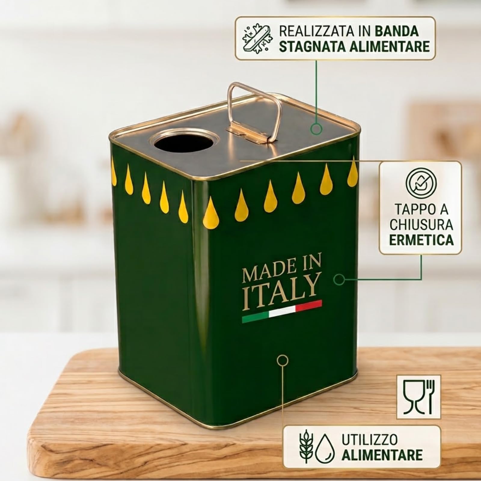 Lattina per Olio 3 Lt Latta Vuota in Metallo Rettangolare Verde Resistente
