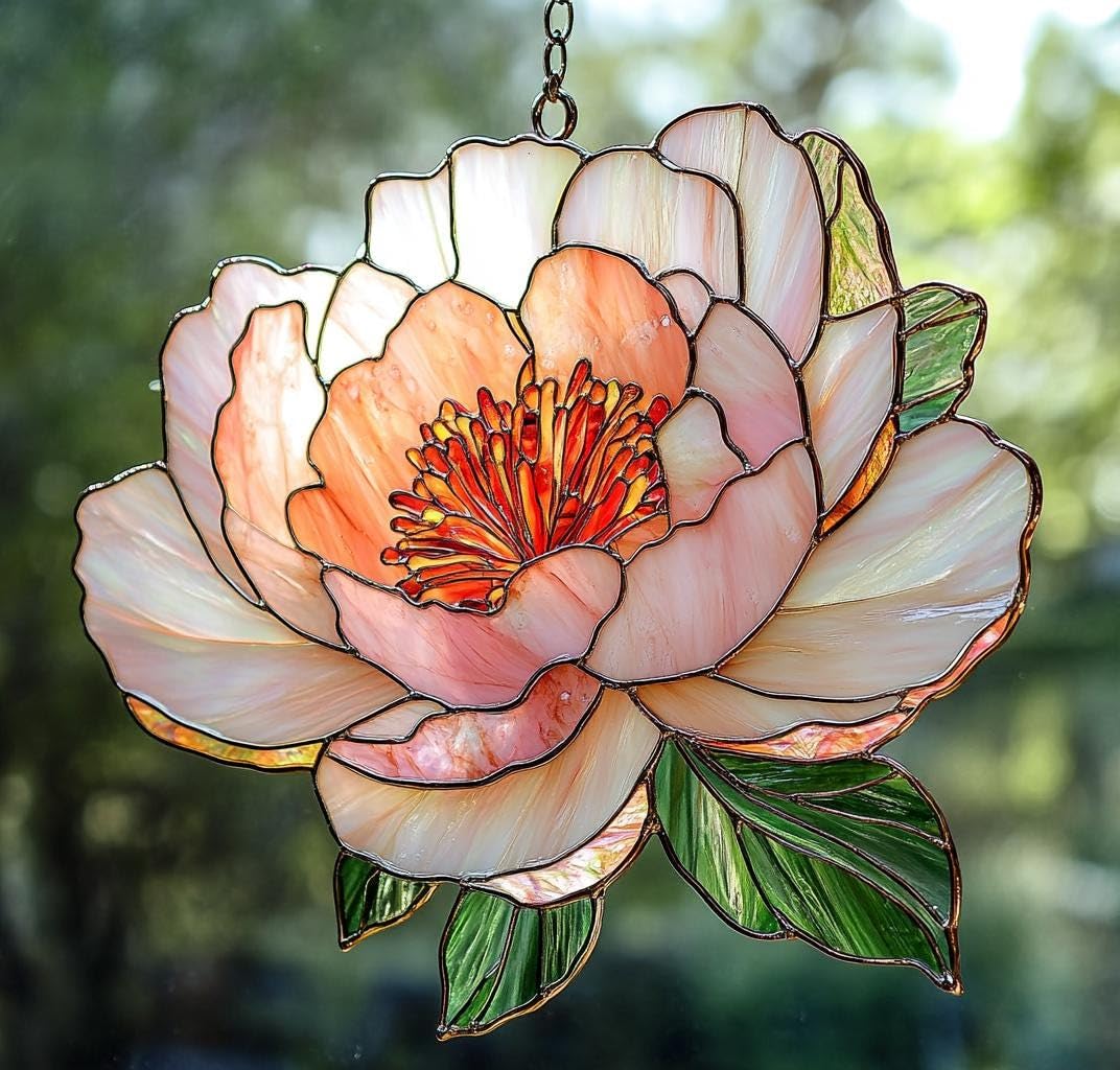 OTAKU KRAFT Birth Flower Peony Suncatcher Faux Stain Sun Catchers Indoor Windown Suncatchers for Windows Hanging Christmas Suncatchers Window Decor