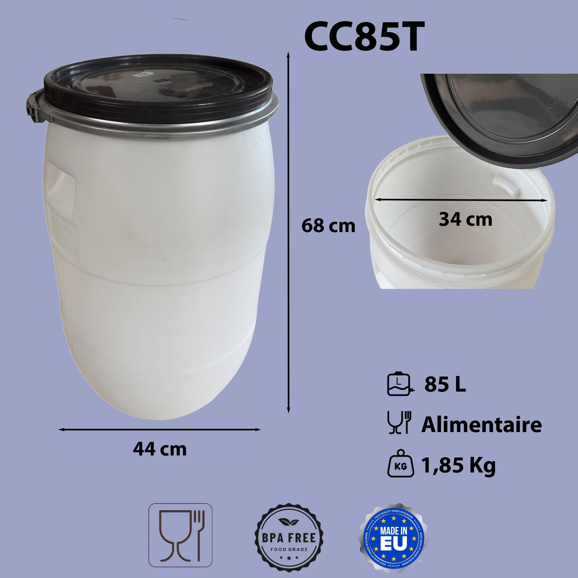 Jordan & Jordan — Fût Plastique Blanc 85L PEHD — Ouverture Ø34cm Amovible — Stockage Alimentaire, Eau, Fermentation — Hermétique Résistant UV