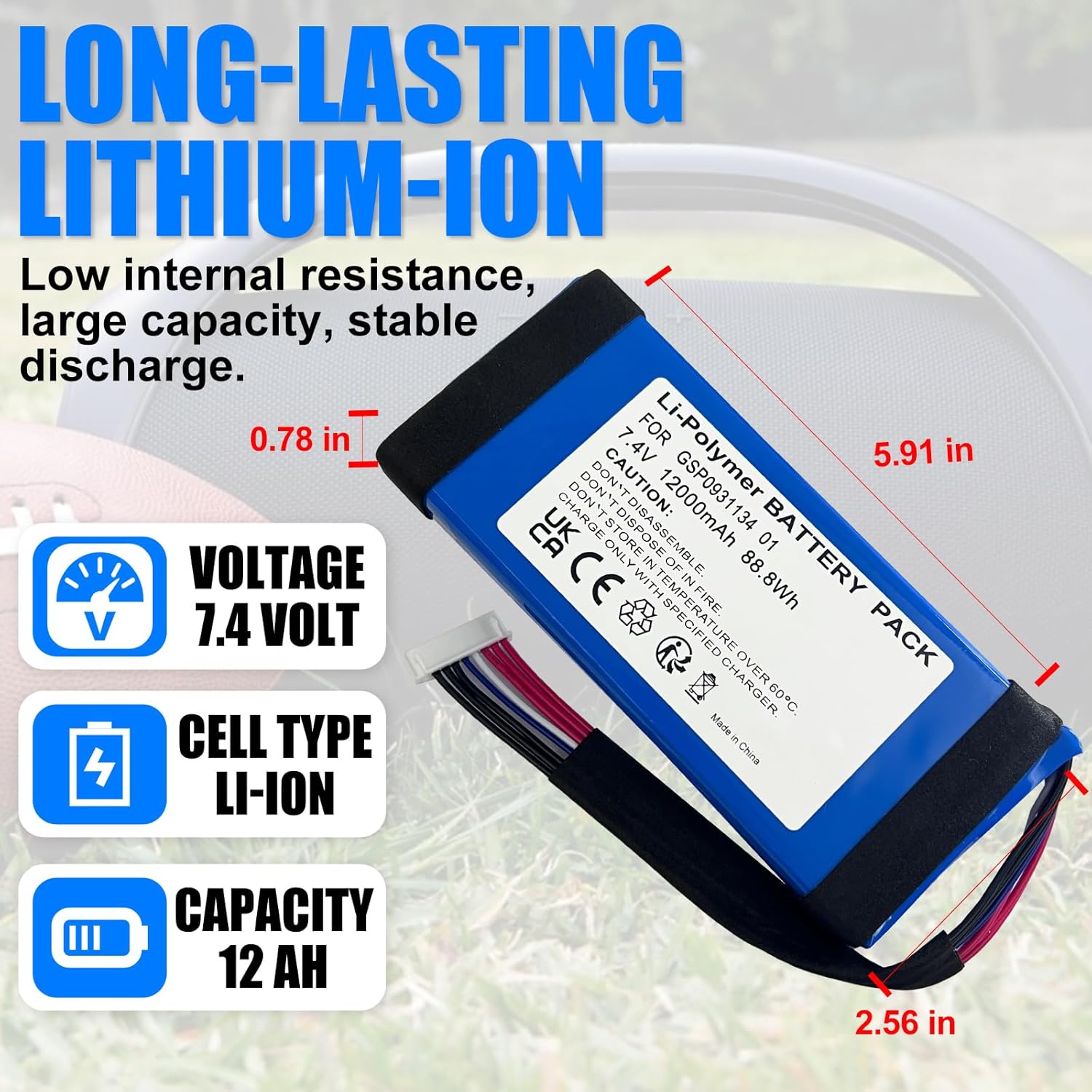 7.4V Replacement Battery Compatible wtih Boombox 1 Bluetooth Speaker, Replacement for GSP0931134 01 Battery, Lithium Polymer (NOT Compatible with Boombox 2) - Image 3