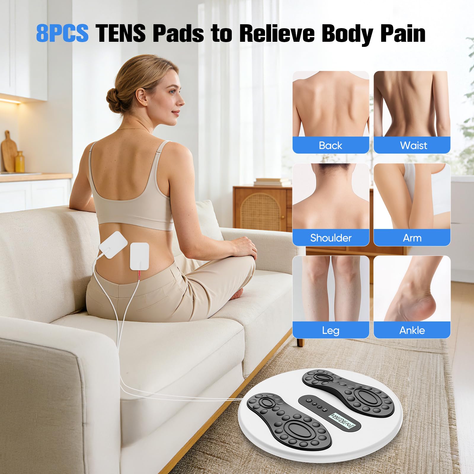 Estimulador de circulación para pies y piernas, masajeador de pies EMS con 8 almohadillas TENS, 12 modos y 20 niveles de intensidad, masajeador de pies eléctrico alivia neuropatías y circulación