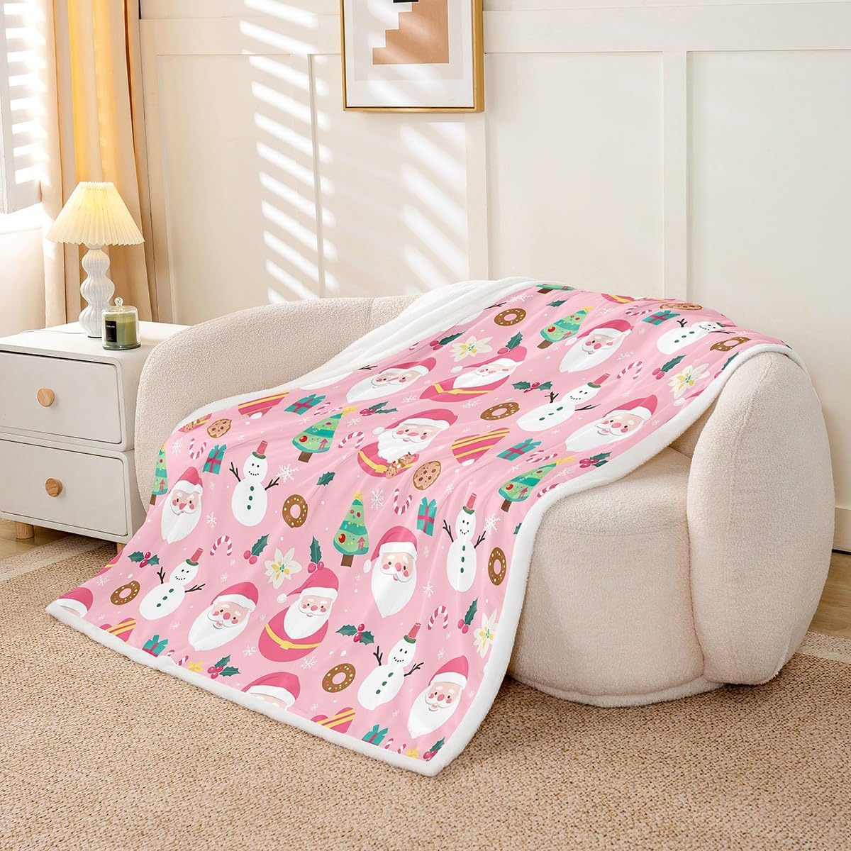 Christmas Santa Throw Blanket Twin 60"x80" Cute Snowman Soft Fleece Sherpa Cozy Warm Xmas Holiday Fuzzy Plush Throw Gifts for Kids Boys Girls,Christmas Tree Snowflake Candy Decor Pink image 3