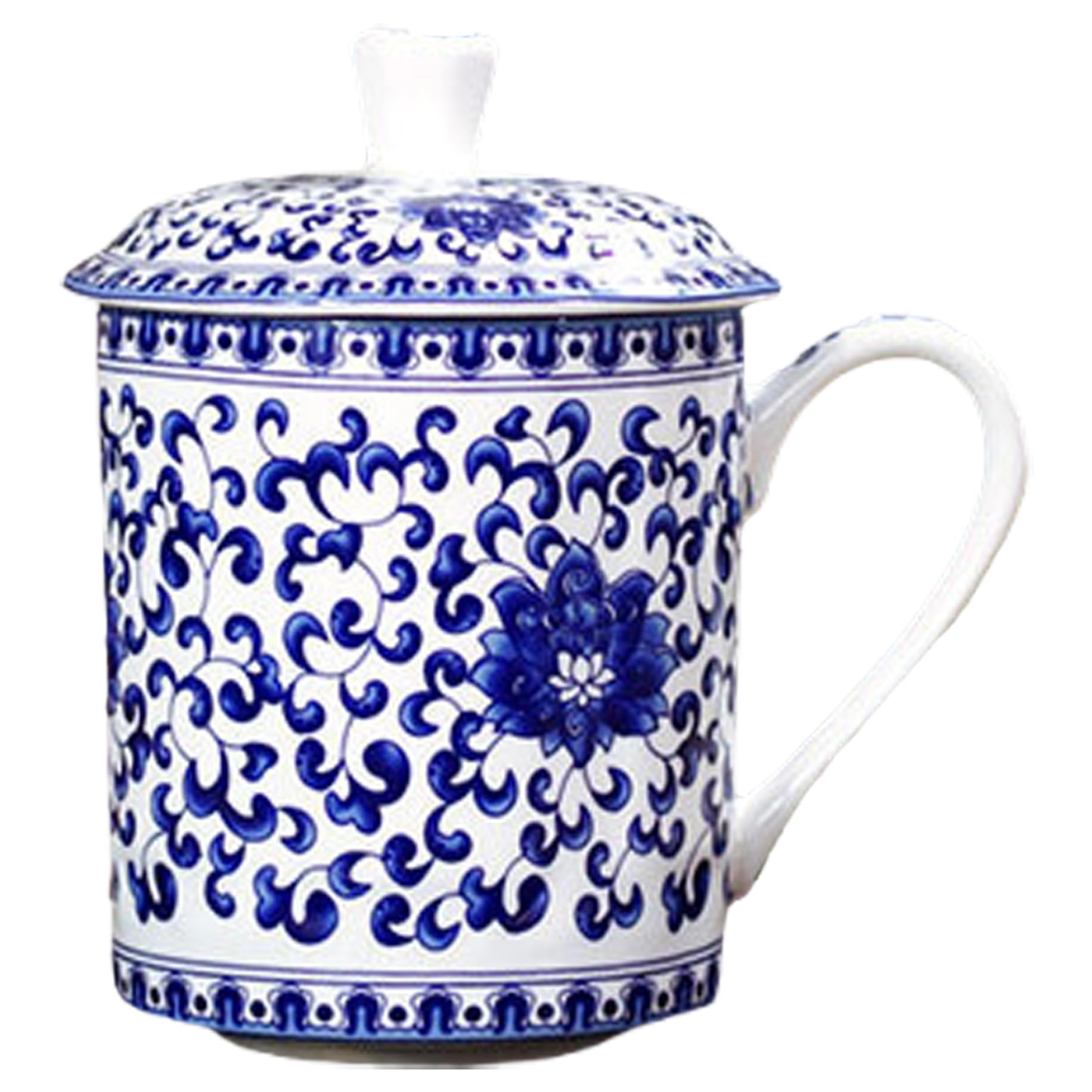 Tazza in Ceramica con Coperchio, Tazze da tè Cinesi, Tazza da tè Elegante in Ceramica Blu e Bianca di capacità da 500 ml con Coperchio e Manico per Ufficio Domestico a Foglie sfuse