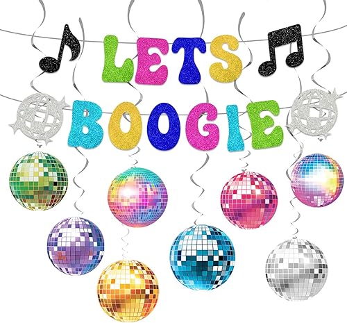 Cartel retro con temática de discoteca "Lets Boogie" con purpurina y espirales colgantes de papel para decoración de Halloween, suministros de
