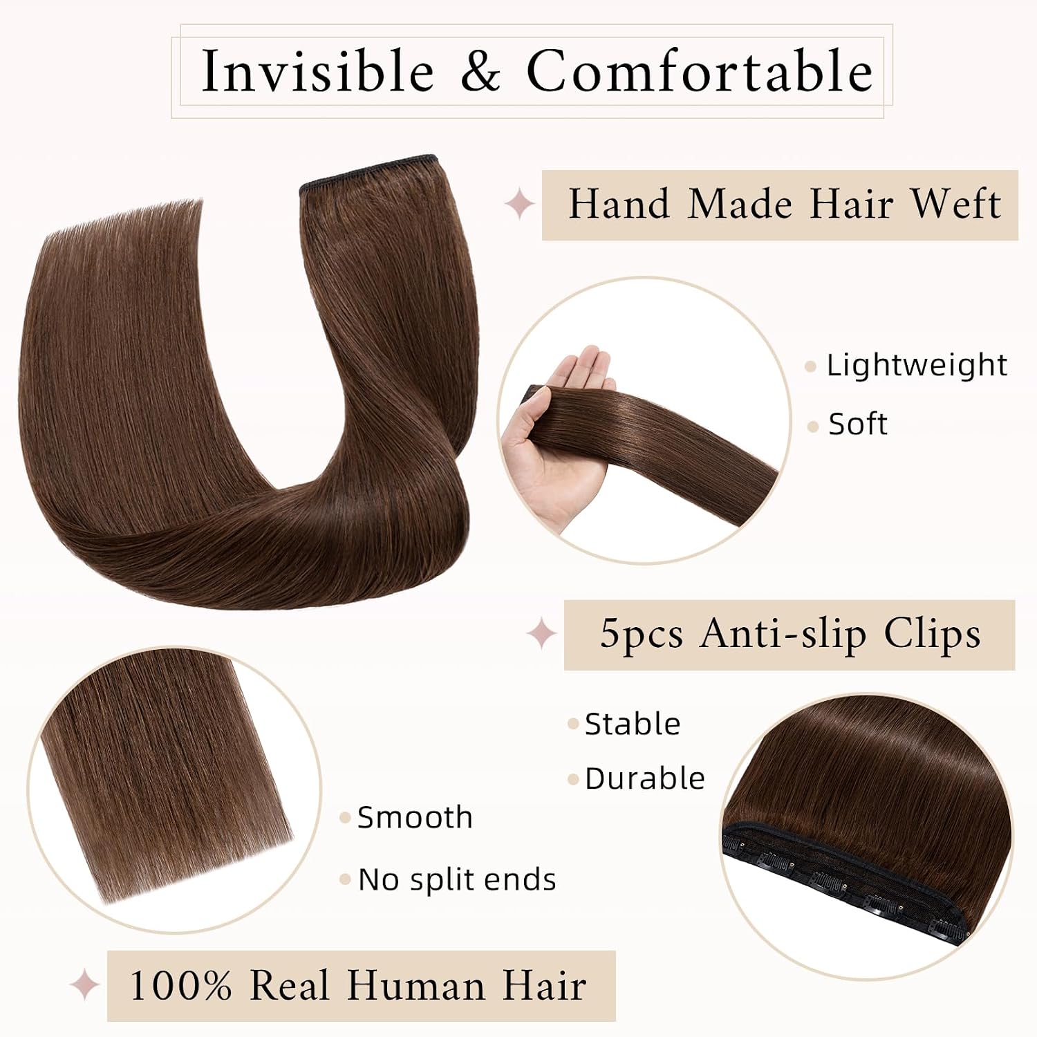 SEGO One Piece Clip in Extensions, 5 Clips Real Human Hair Extensions, Long Straight, 8 inches, #04 Chocalate Brown