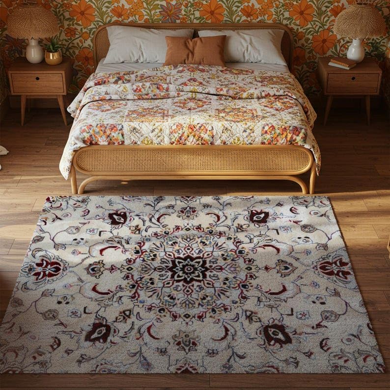 Tapis à médaillon antidérapant et lavable en polyester imitation cachemire