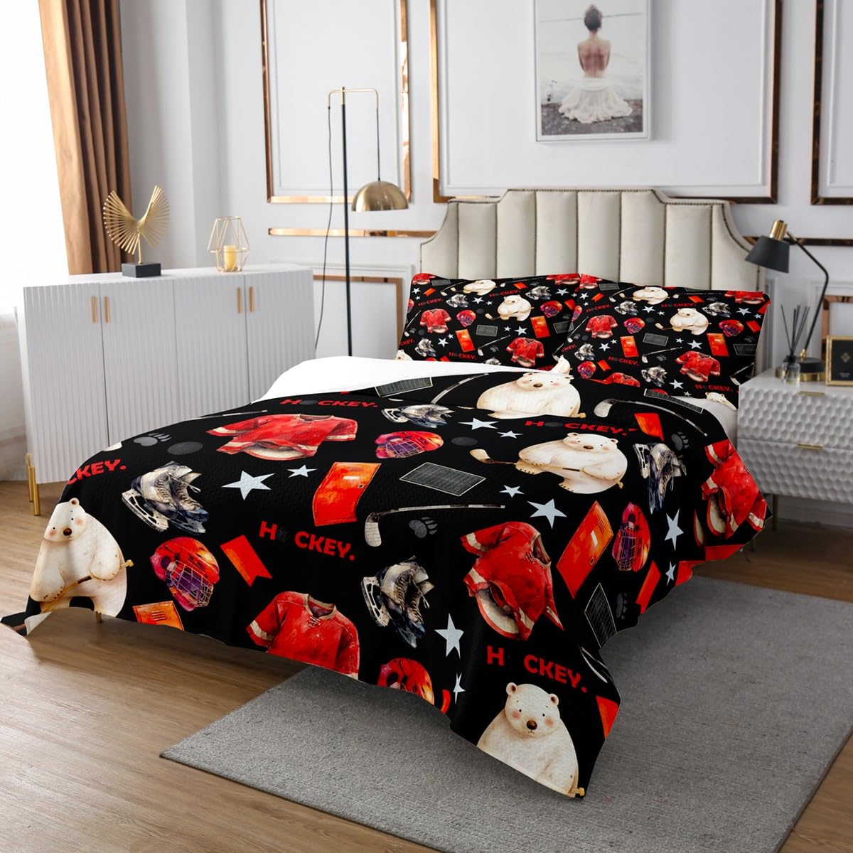 Manfei Ice Hockey Kids Bedspread King Size,Cute Polar Bear Hockey Player Helmet Coverlet Set,Boys Girls Room Decor,Winter Sports Athlete Games Quilted Coverlet,Red Black Bedding Quilt,2 Pillowcases