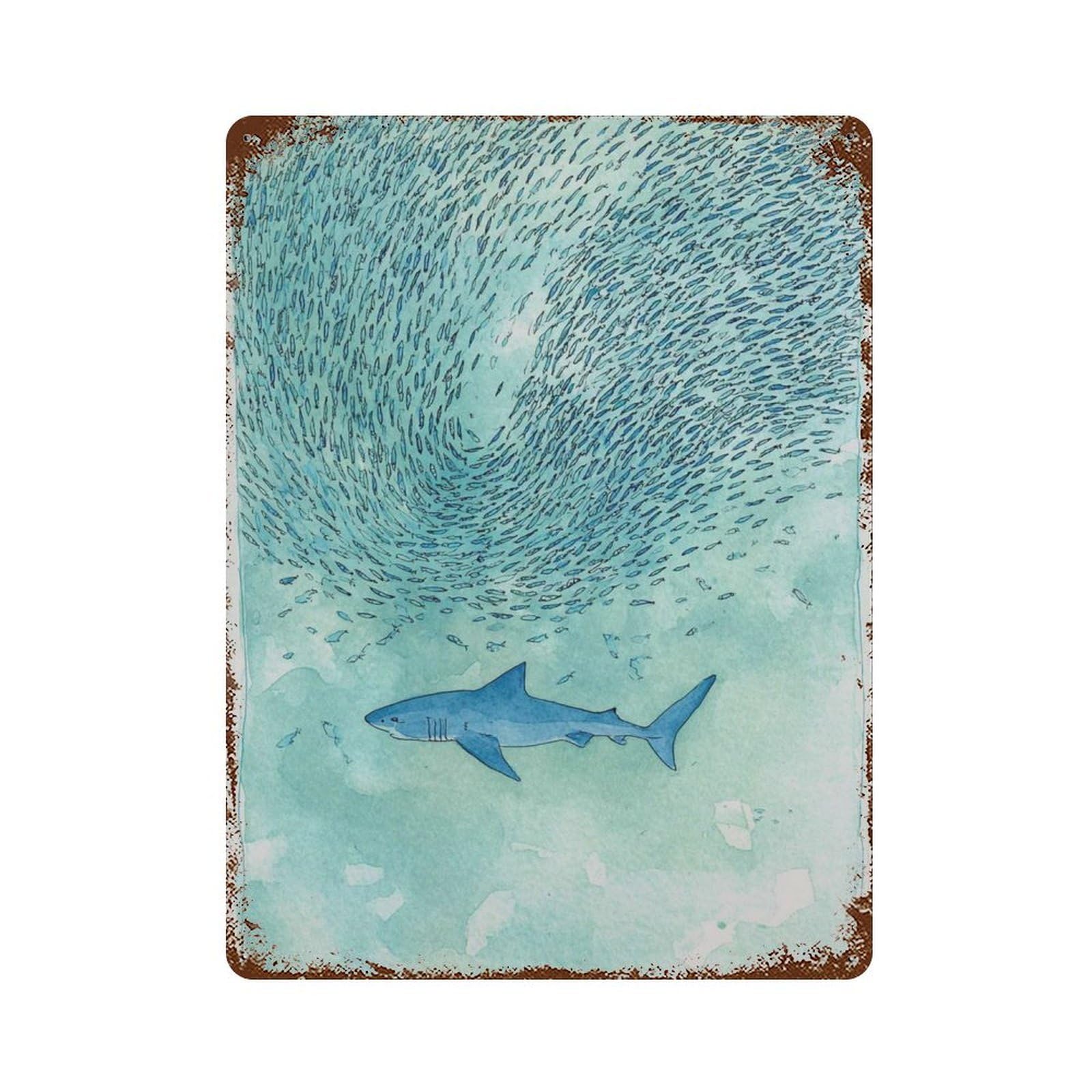 xiaoxiaoshen Shark Ocean Watercolor Underwater Sea Life Marine Wildlife Work Coastal Nautical Wall Decor Art Metal Tin Poster Modern Home Decor Art Home Bar Shop Decorations Vintage Sign 40x30cm