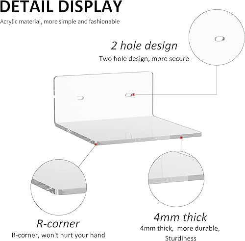 Miniatura 4 de Estantes de Pared Pequeños de Acrílico de 6 Pulgadas Paquete de 2, Estante Flotante para Montaje en Pared, Repisas de Exhibición de Acrílico para