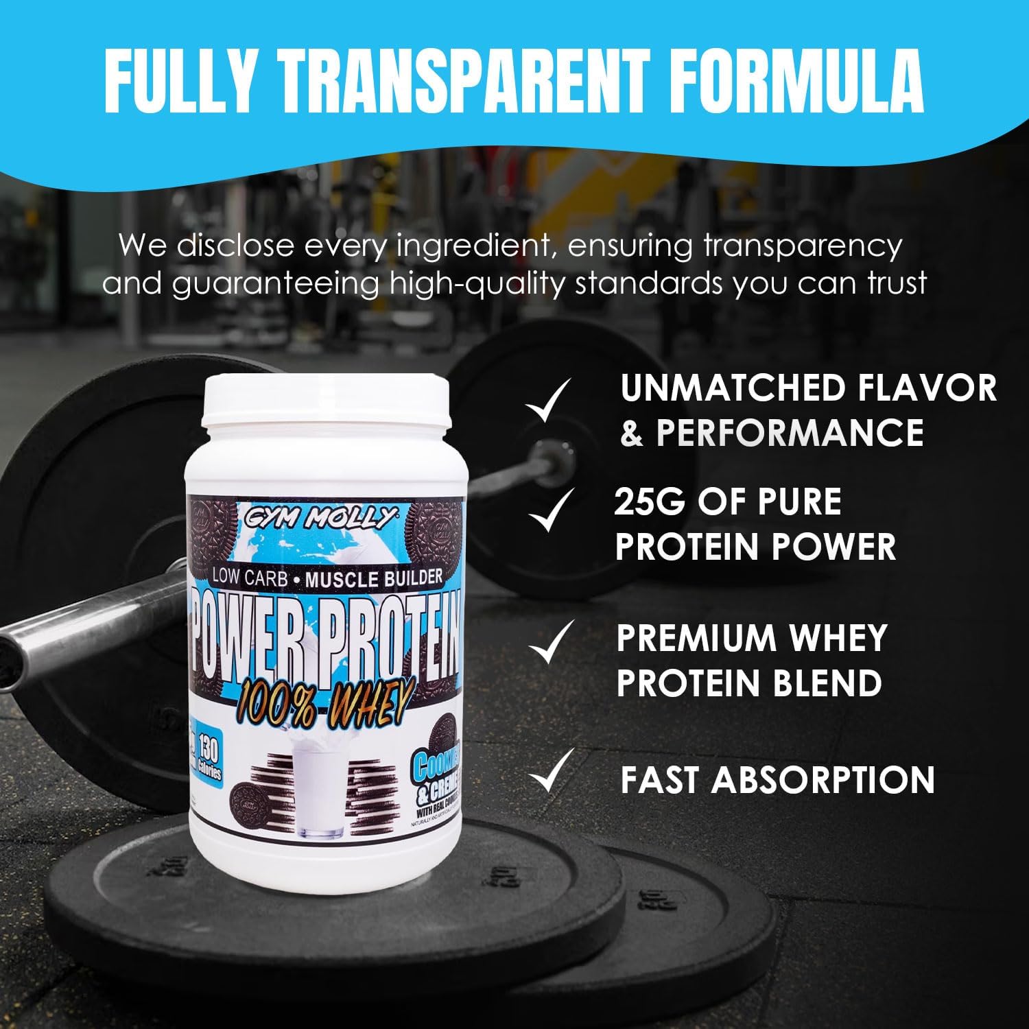 Gym Molly Power Protein Powder, 100% Whey Protein, 25g of Protein, 5.5g BCAAs, Fast Absorbing - Ready to Give You Fuel Around The Clock - 2lbs, Cookies & Cream Flavored