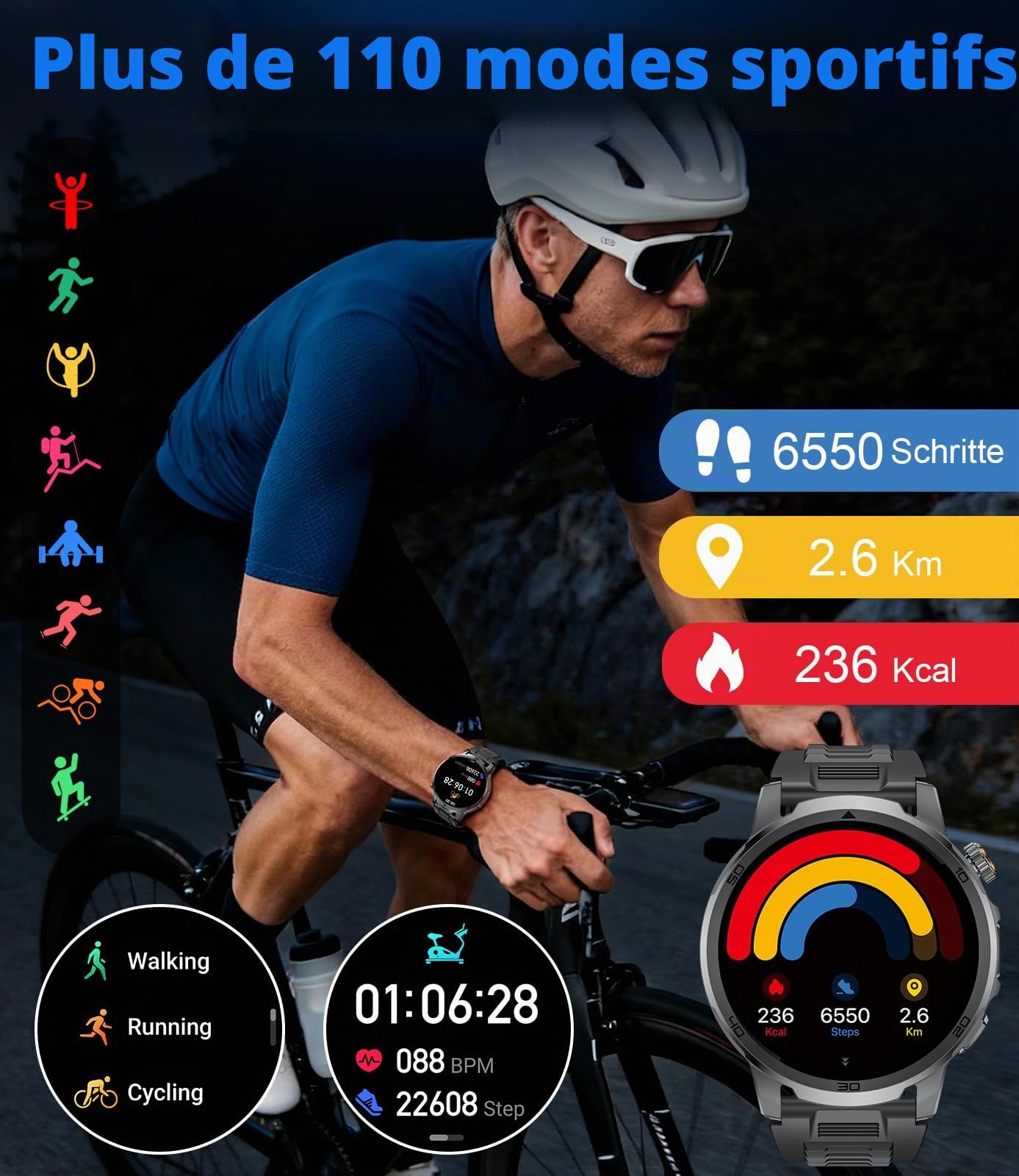 Montre Connectée Homme avec 1000mAh, LED Torche, 1,85" Grande Écran Smartwatch avec Appel Bluetooth, 100+ Sportmodi, IP68 Étanche, Fréquence Cardiaque, Moniteur de Sommeil pour iOS Android