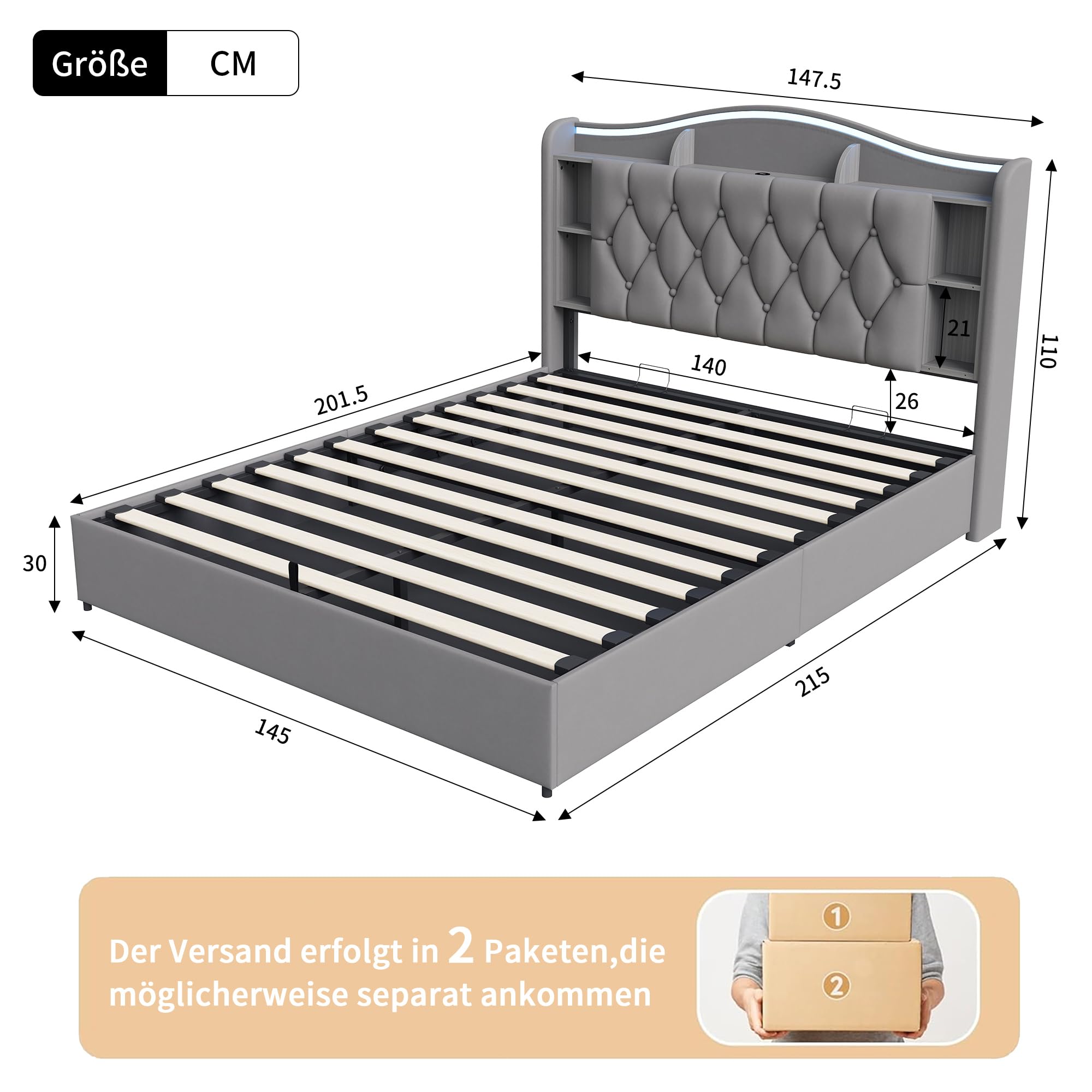 BEIJIALY Boxspringbett 140x200,Hydraulisch Stauraumbett 140×200cm Polsterbett Doppelbett mit Stauraum,Funktionsbett Bettgestell mit Lattenrost,Jugendbett Samt,Grau,Ohne Matratze