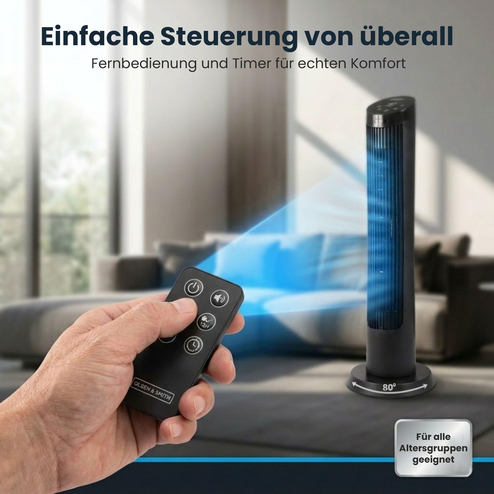 Olsen & Smith Turmventilator mit Fernbedienung | Leiser 27-dB-Ventilator fürs Schlafzimmer | 91 cm (36 Zoll) Standventilator 4 Geschwindigkeitsstufen, 7,5 m/s Oszillationsfunktion mit 12-Stunden-Timer