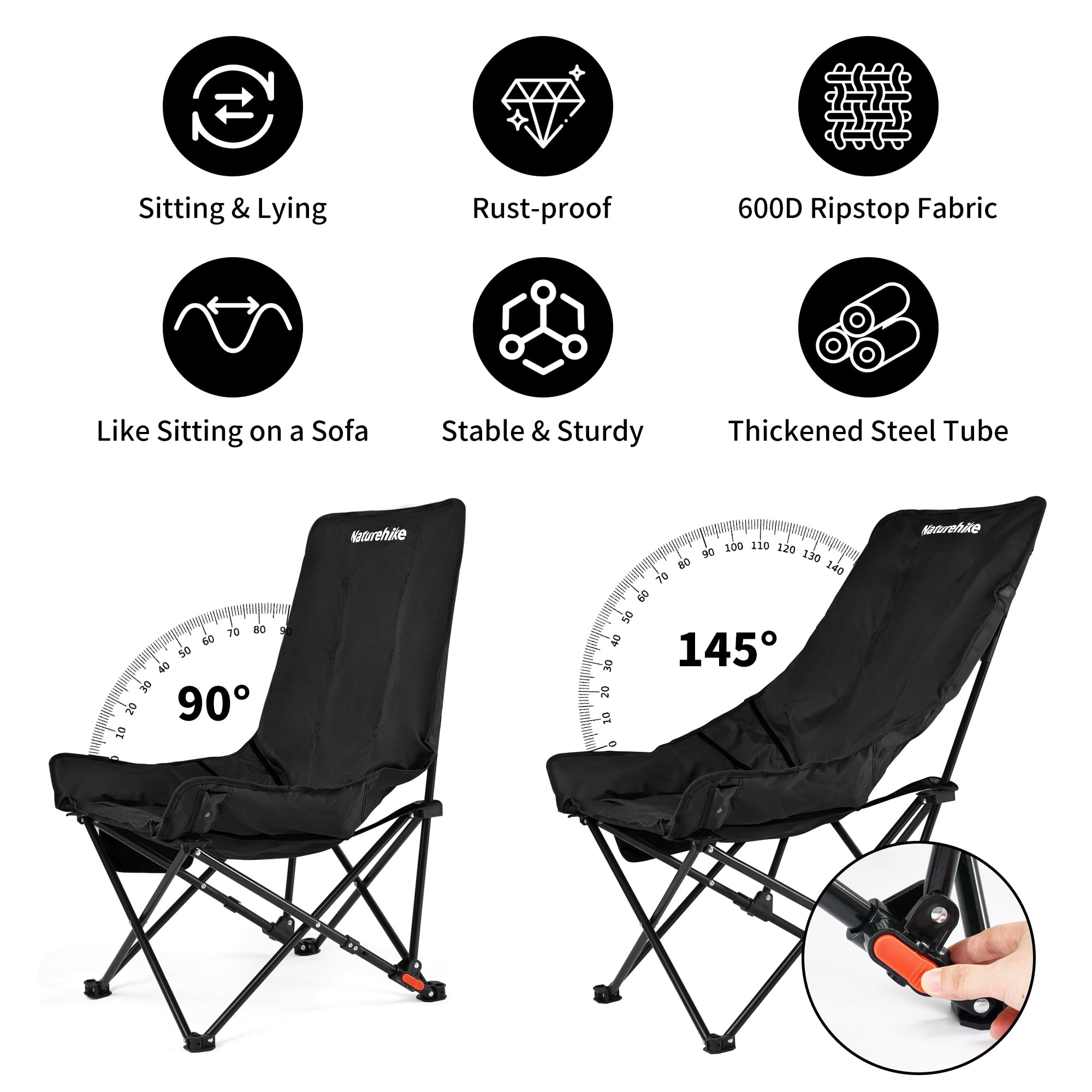 Naturehike Sea StarKrzesło Kempingowe Składane Lehkie Z Wysokim Oparciem Wyściełane XXL Z Torbą Relax Do Campingów Ogrodu Balkonu Plaży (Czarny)