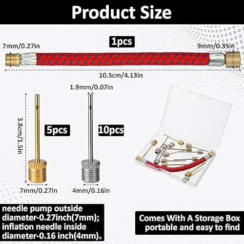 Miniatura 2 de Aguja de bomba de aire de acero inoxidable, 16 unidades, aguja de inflado con 1 adaptador de bombas, manguera de inflado de doble puerto, agujas de