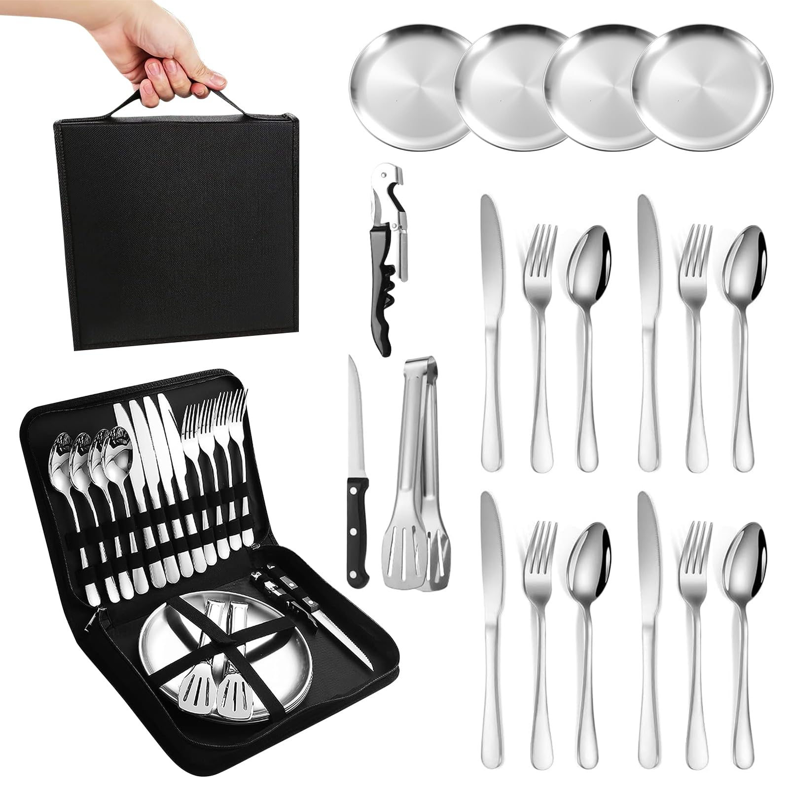 Set de Couverts de Camping pour 4 personnes, Portable Vaisselle Camping Inox pour Randonnée, L'escalade et Plein Air, avec couteau, fourchette, cuillère et assiette dans un sac de transport