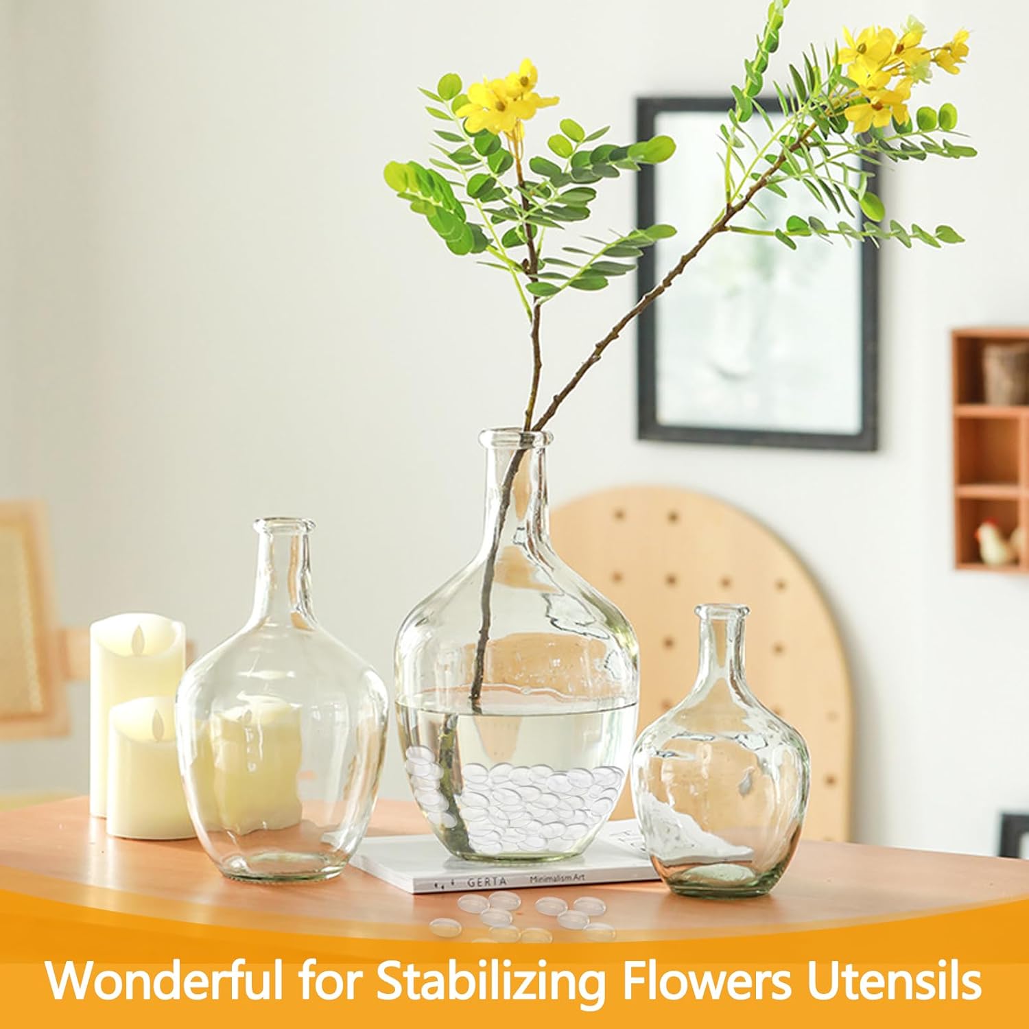 100PCS Glass Pebbles - Clear Flat Marble Beads, 0.45KG Transparent Vase Filler Glass Stones Artificial Crystal Gemstones Decorative Glass Beads for Vases Aquarium, Flowerpot, Landscaping, Mosaic Tiles