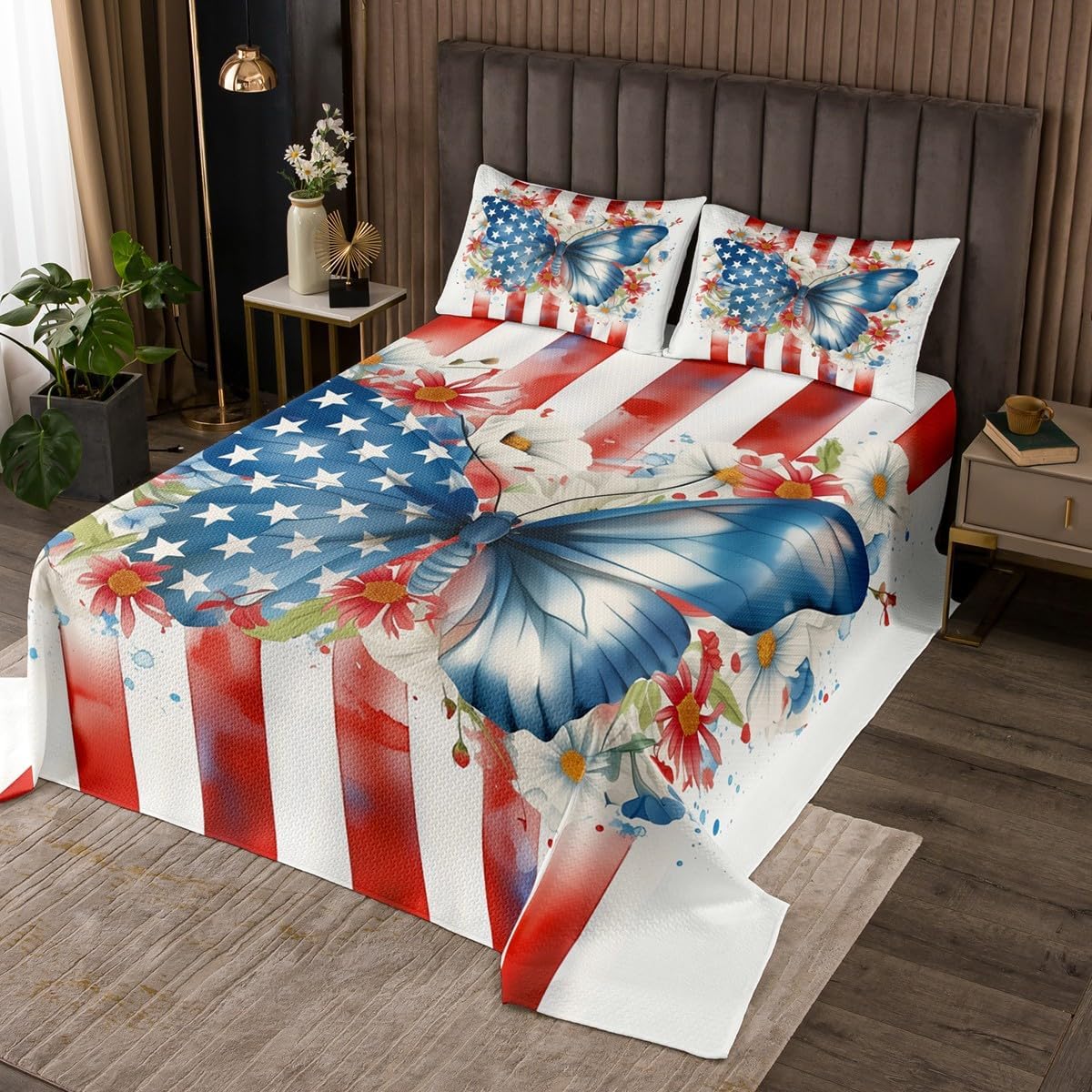 Homewish Stars Butterfly Bedspread Twin Size,White Red Stripes Bedding Set for Kid Girls Boys Room Decor,Daisy Flower Blue Moth Coverlet Set 2Pcs,Abstract Animal Floral Microfiber Quilt,1 Pillowcase