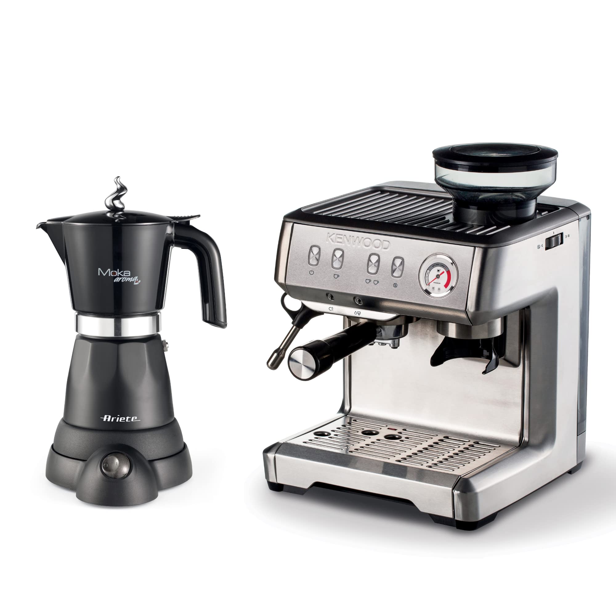 Ariete Espresso Coffee Machine 1600W with Built-in Coffee Grinder and Steamer + 6 Cups Electric Moka Pot Coffee Maker, 480W Moka Aroma, Perfect For Home And Office - Art1313+Art1368