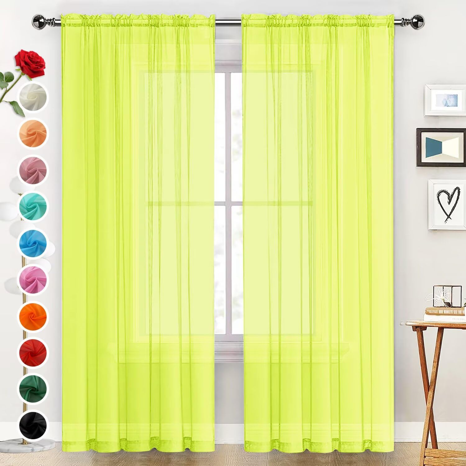 SpaceDresser Basic Rod Pocket Sheer Voile Window Curtain Panels Chartreuse 1 Pair 2 Panels 52 Width 54 Inch Long for Kitchen Bedroom Children Living Room Yard（Chartreuse, 52W x 54L）