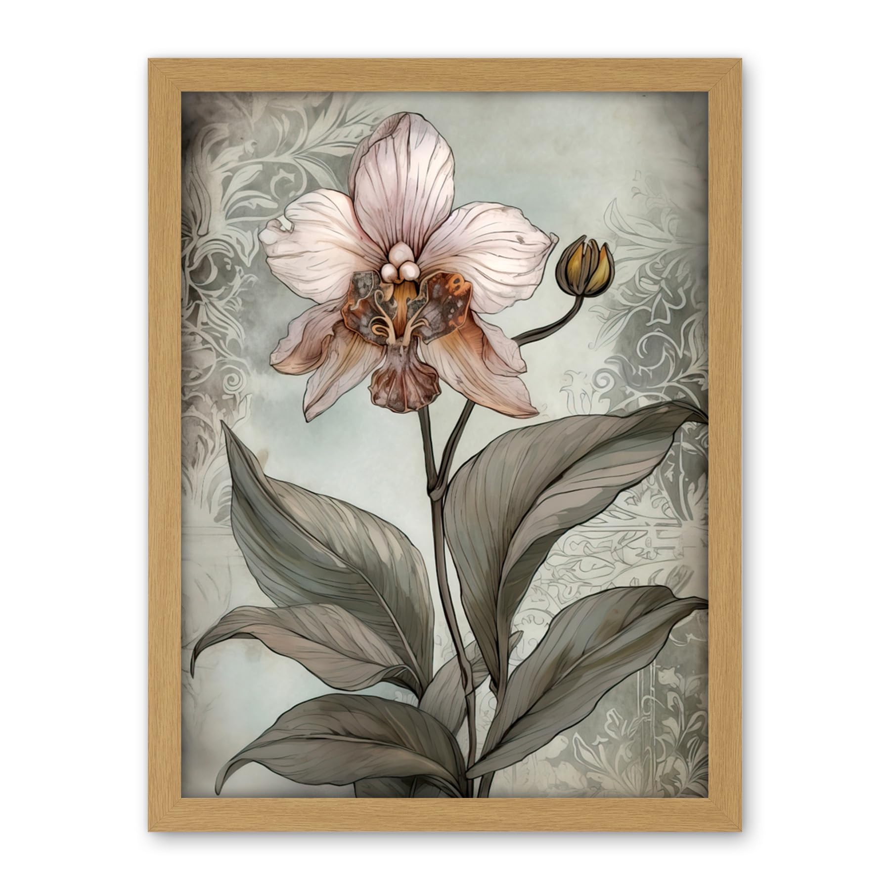 Artery8 Art Nouveau Pink Orchid Bloom Flower Watercolour Artwork Framed Wall Art Print 18X24 Inch