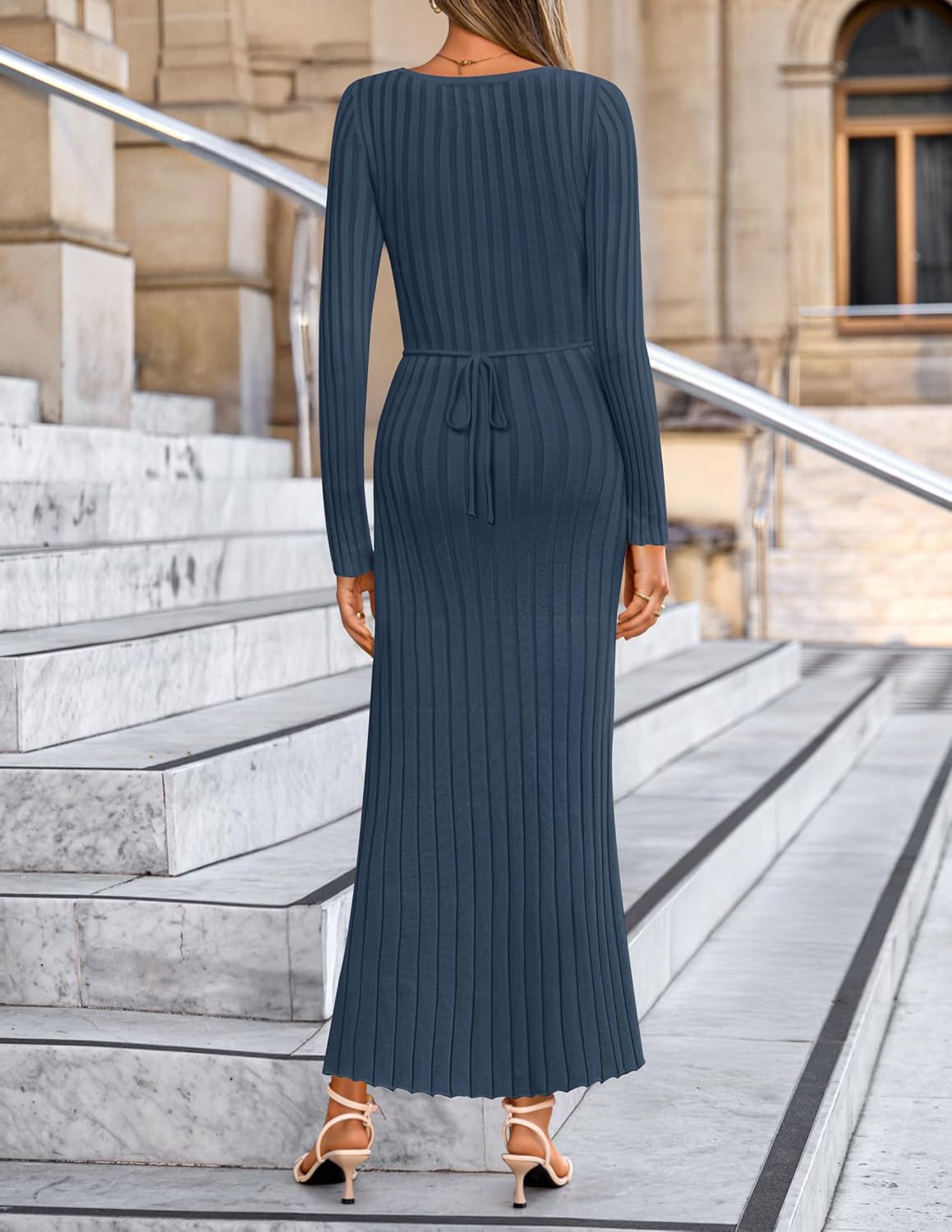 ZESICA Women's 2026 Spring Sweater Dress Long Sleeve V Neck Ribbed Knit Party Cocktail Bodycon Maxi Dresses - Image 4