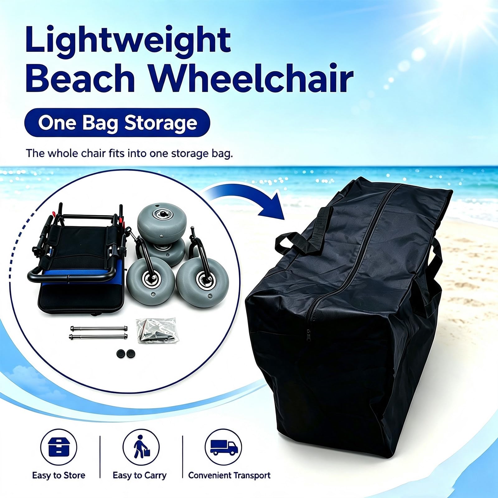 Silla Playa Plegable Ligera Con Ruedas, Andador De Playa Todoterreno, | Impermeable, Para Acceso A Playa, Césped, Grava Y Agua, Transporte De Viaje Para Personas Mayores