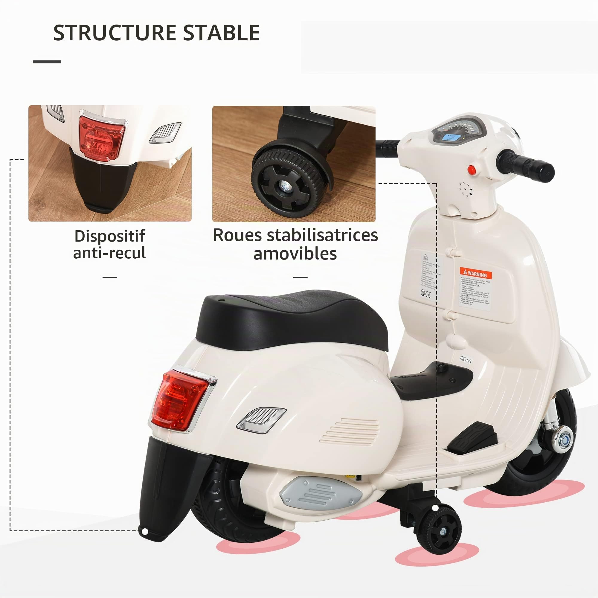 HOMCOM Moto électrique Enfant avec lumière LED et Son 18-36 Mois Blanc