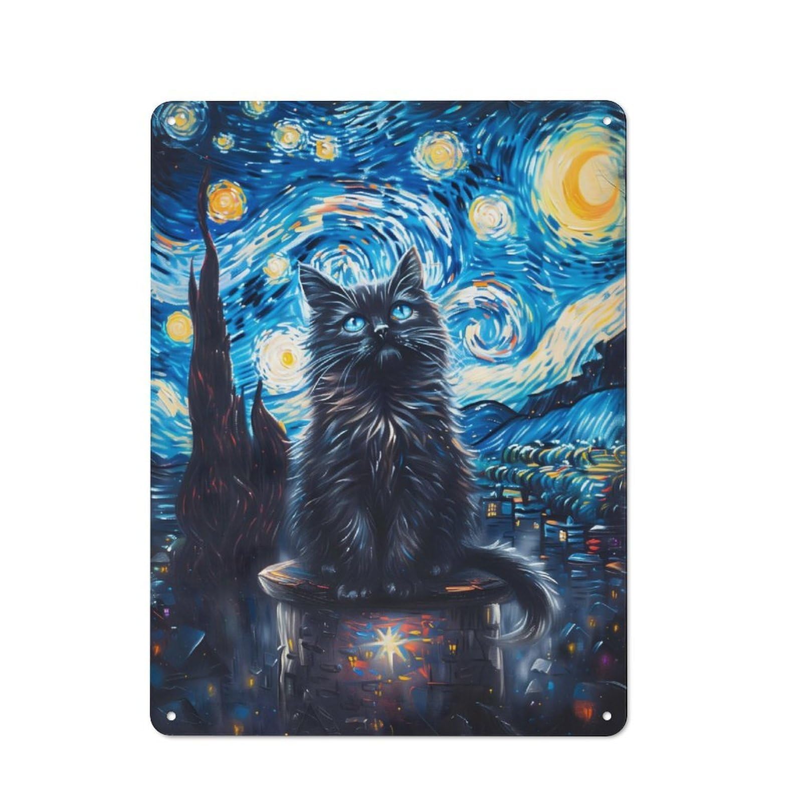 Junmoney Starry Night Cat Workshop Style Tin Sign 40X30cm, Garage Wall Decor For Tool Room, Garage, Studio Or Home Bar