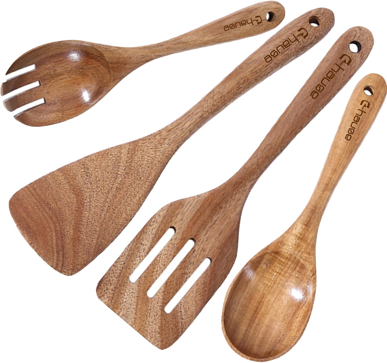 4pcs Wooden Cooking Spoon Set Wood Kitchen Utensils Natural Wood Utensil for Kitchen Wooden Spatula for Nonstick Cookware Lightweight Flipping Wok Spatula Slotted Spurtle