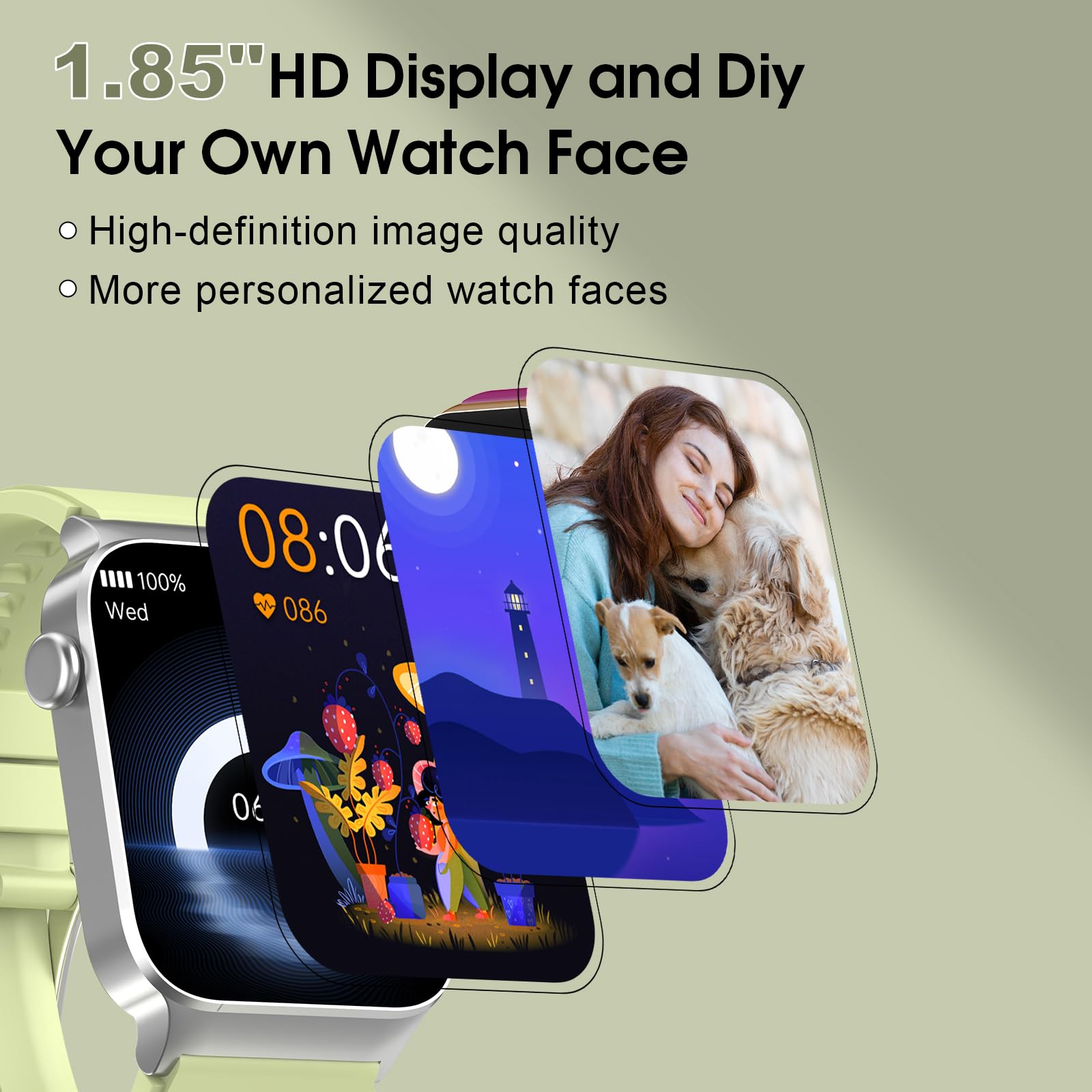 VKROBAG Smartwatch Uomo Donna, 1.85" Orologio Smartwatch con Effettua/Risposta Chiamate, 113 Sportive Smart Watch con Contapassi/Sonno/Cardiofrequenzimetro, Impermeabil IP68 Fitness Tracker, Verde