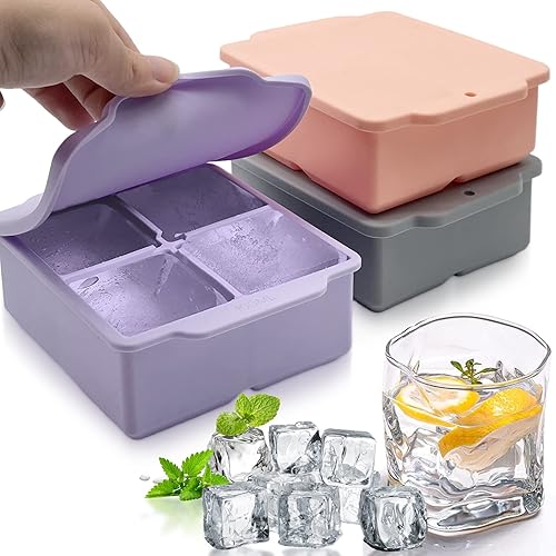 JVJRFQ Square Large Ice Cube Tray, Silicone Ice Cube Mold with Removable Lids Reusable and BPA Free for Whiskey Cocktails Bourbon Homemade