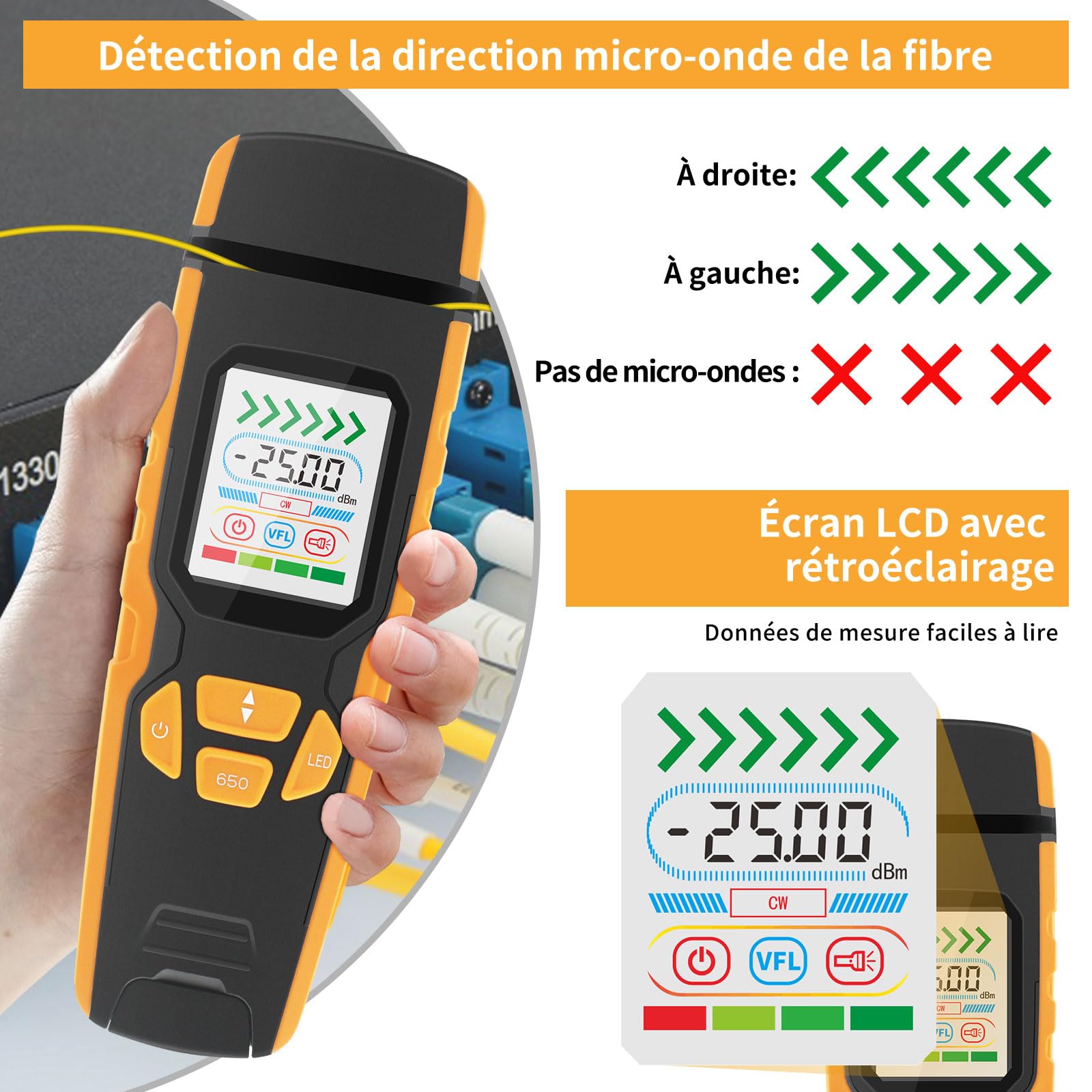 Henkion LWL Tester à main Identificateur de fibre optique avec localisation de défaut en temps réel, 850-1700nm SM/MM Power Meter Fonction VFL Écran LED, Testeur de câble à fibre optique pour réseau