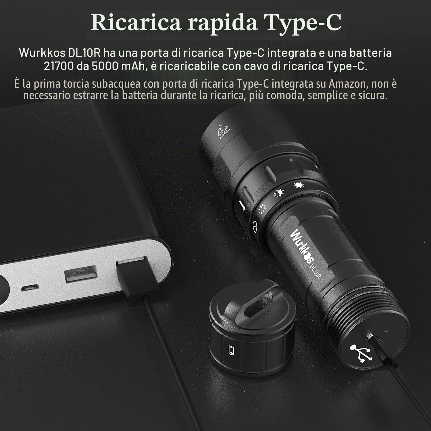 Wurkkos DL10R Torcia Subacquea, 4500 Lumens, Porta USB-C incorporata, LED XHP70.2, impermeabilità IPX8, Torcia per Immersioni con Batteria Ricaricabile 5000mah 21700