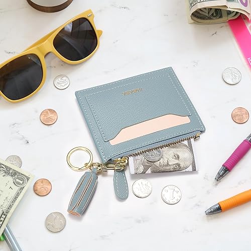 Miniatura 9 de Valentoria Tarjetero delgado con bloqueo RFID, bolsillo pequeño, monedero con cremallera, monedero minimalista de cuero, monedero, monedero y