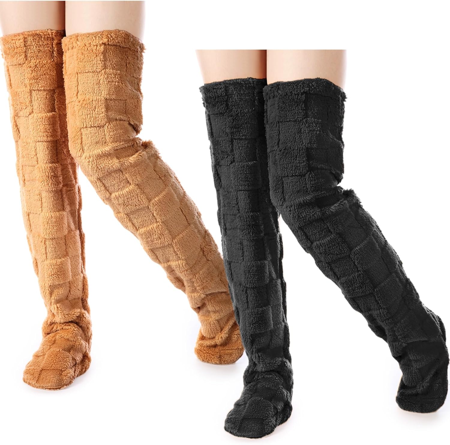 Geyoga 2 Pairs Over Knee High Fuzzy Socks Plush Thick Slipper Stockings Thigh High Leg Warmers