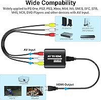 Vista 4 de GINGIN Convertidor de RCA a HDMI, convertidor de AV a HDMI para TV/PC/N64/Wii/PS1/PS2/PS3/STB/Xbox/VHS/VCR/reproductores de DVD Blue-Ray, con cables