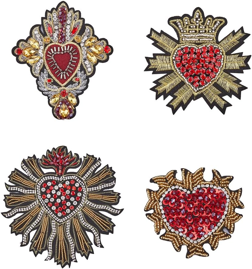 HOBBIEASY 4Pcs Heart Patches Rhinestone Bead Patch Handmade Sequin Love Patches Decorative Applique Repair Patch Bling Crystal Patches Sewing for Clothing Jeans Jackets Handbag Shoes