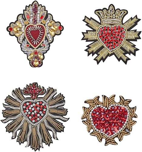 HOBBIEASY - Parche de cuentas de diamantes de imitación de corazón de 4 estilos, hecho a mano, parches de lentejuelas decorativos, parches de