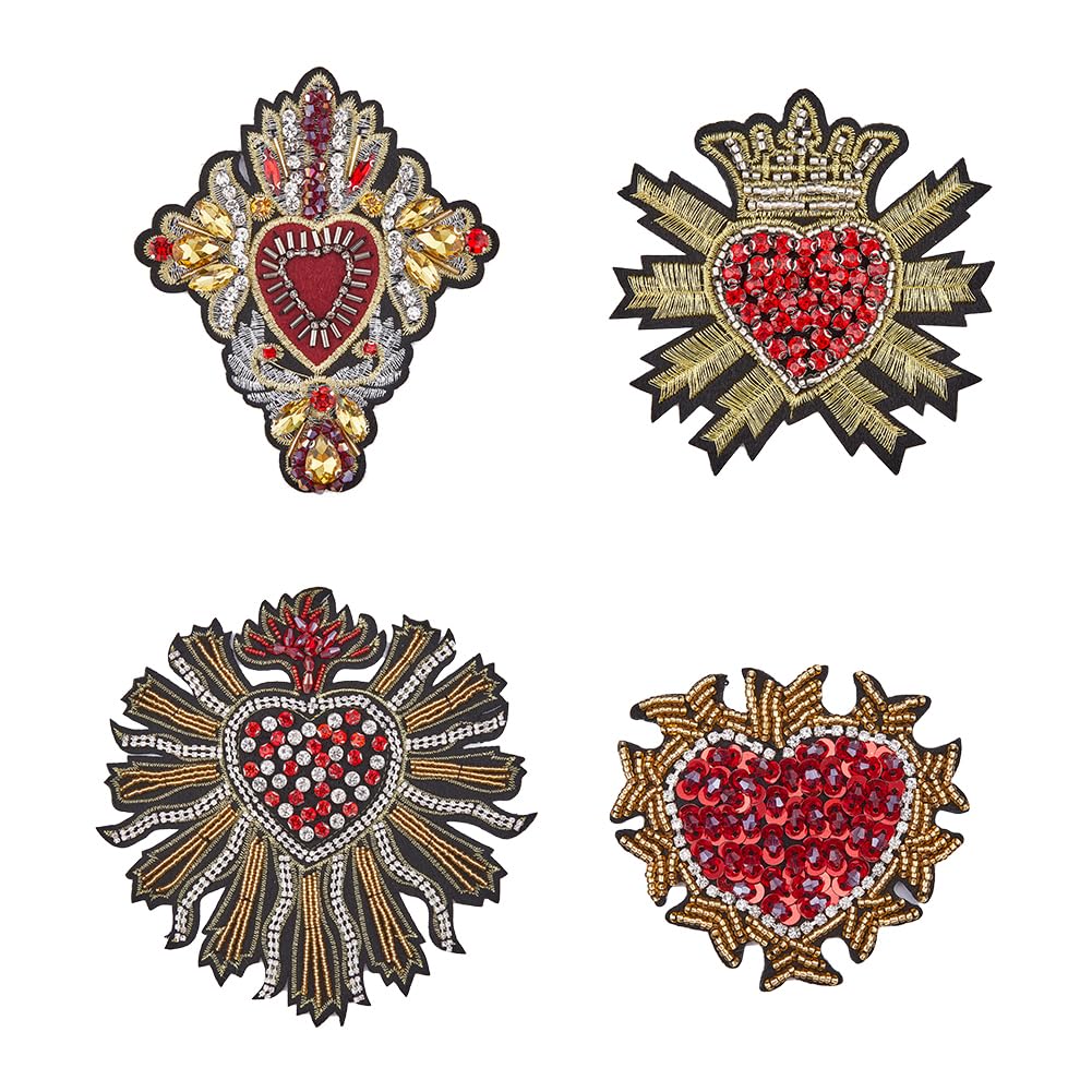 Réparer veste trouée avec écussons cœur rouge en polyester broderie paillettes fait main lot de 4