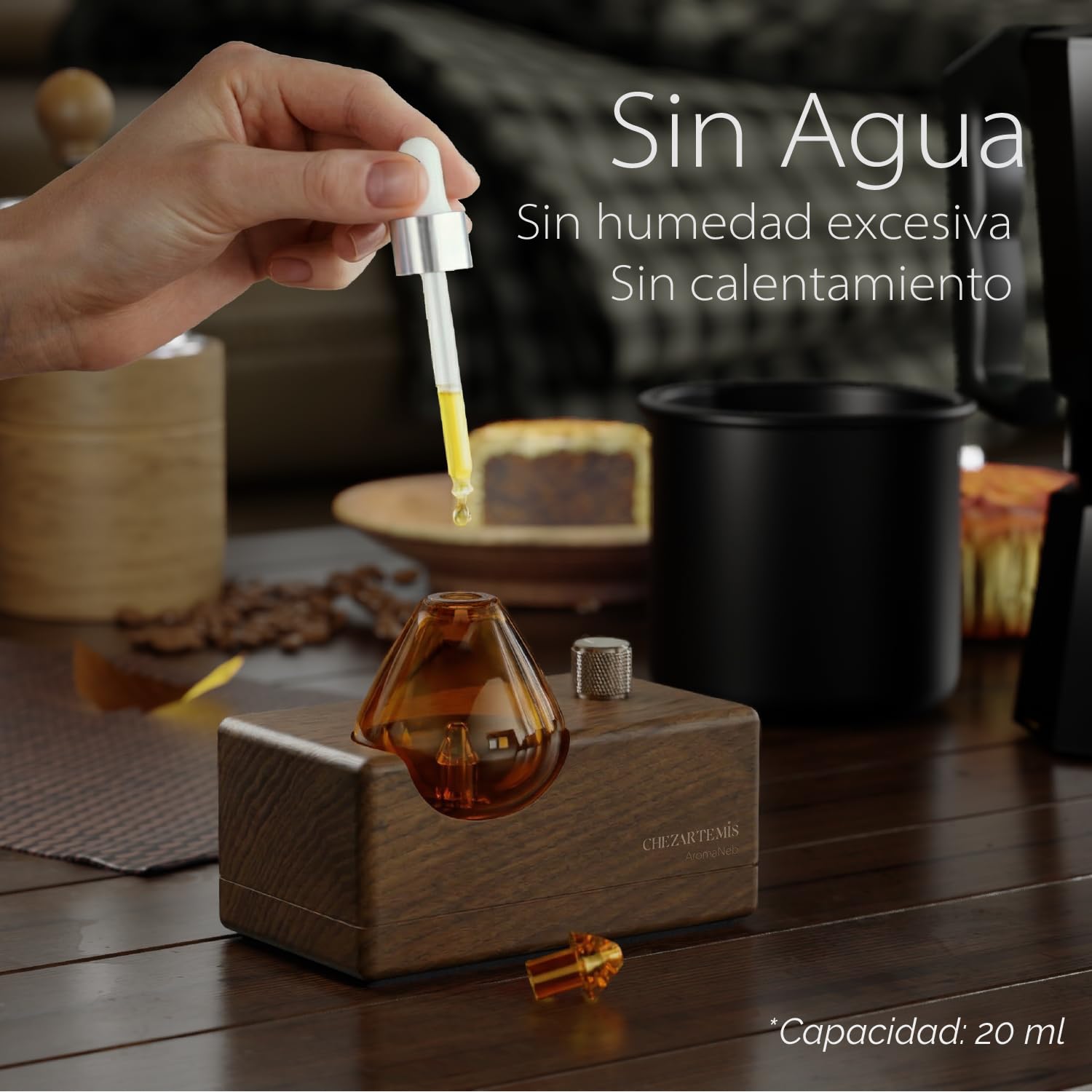 Amber Aromaterapia Difusor Aceites Esenciales Sin Agua Nebulizador Vidrio Ámbar Madera Nogal Recargable Inalámbrico Hogar Temporizador LED