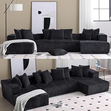 146 Modular Oversize Sectional Couch, Modern U-shaped Sofa , Chaise Lounge, Striped Fabric,Upholstered 4 Seater Couch for Living Room, Bedroom Office, Free Combination Sofa Corduroy Black