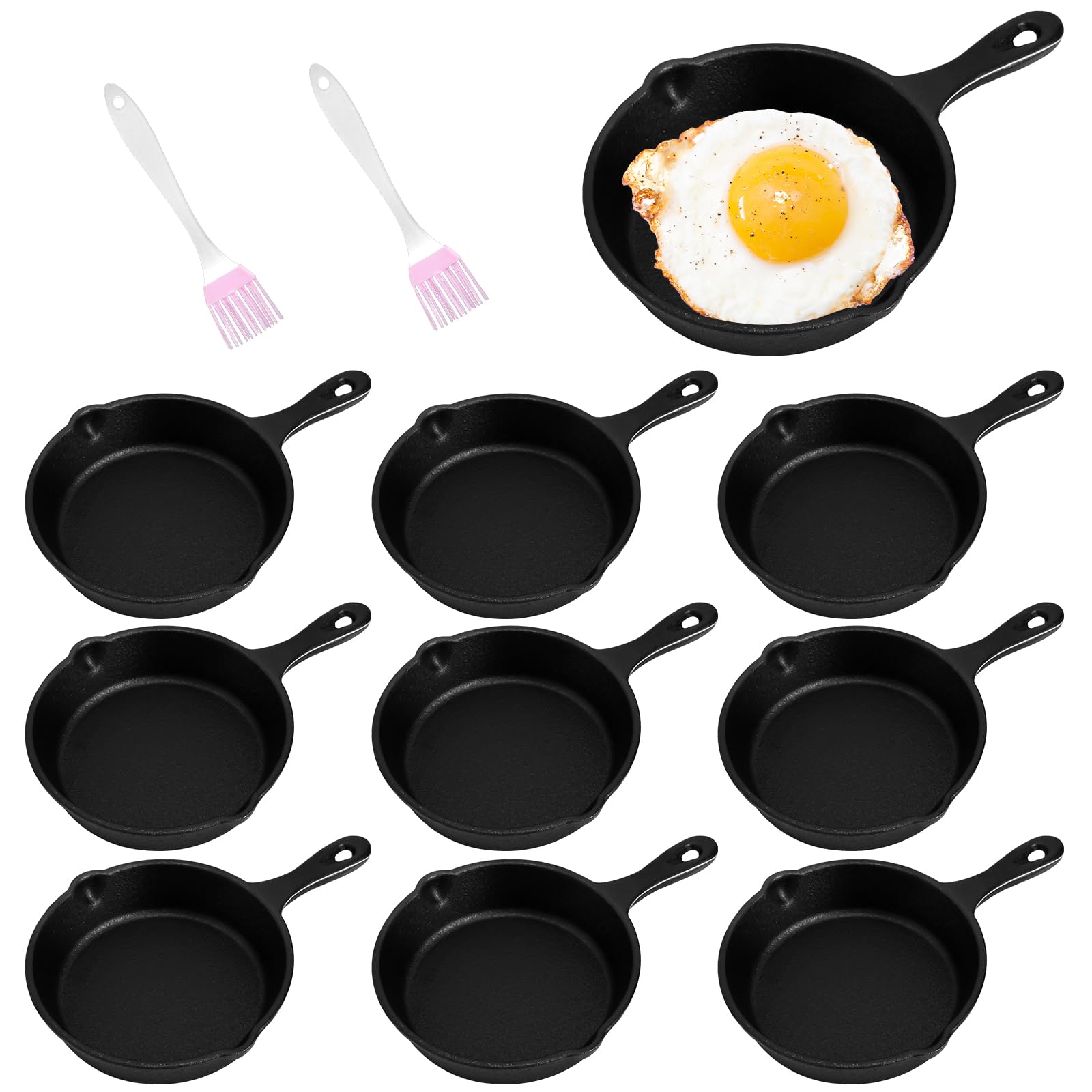 OJMHD 10 Pack Mini Cast Iron Skillets Bulk, 10 cm Small Cast Iron Frying Bulk with 2 Oil Brushes, Pre-Seasoned Oven Safe Individual Egg Saucepans for Kitchen Baking Cooking Indoor Outdoor Camping