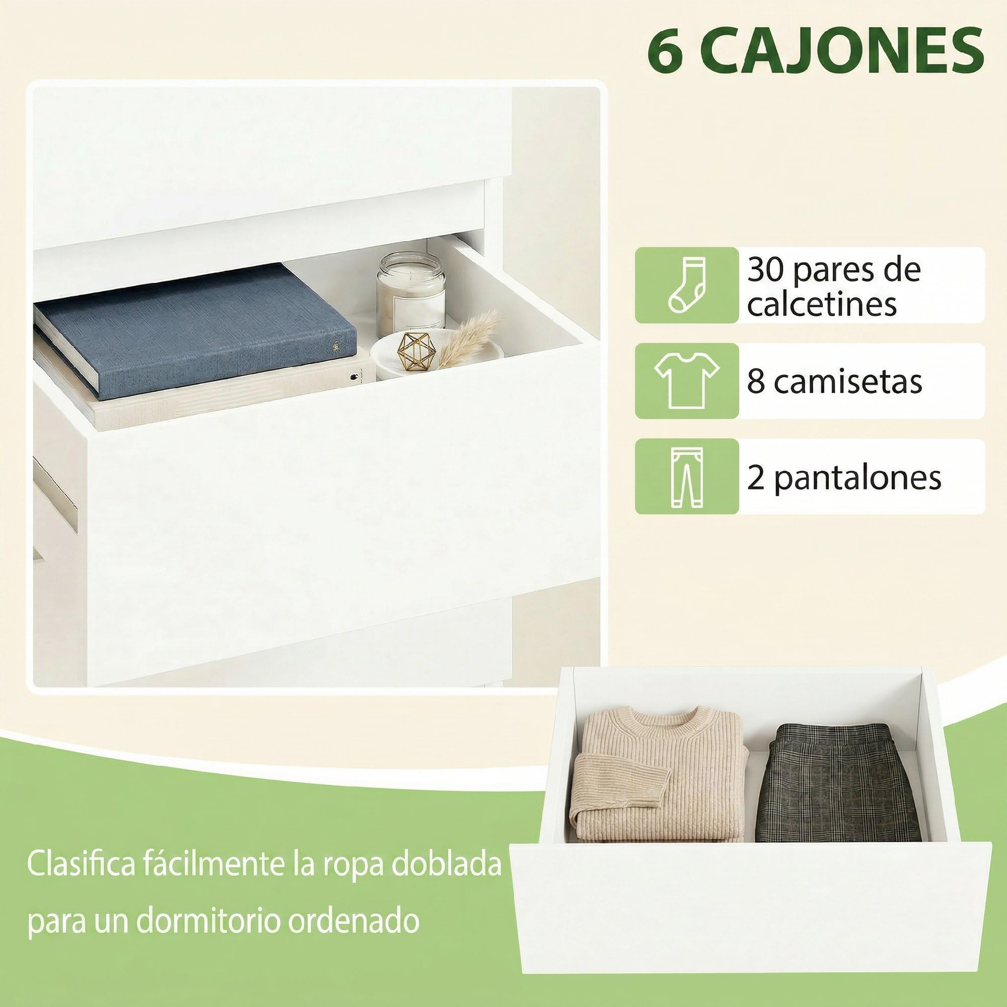 HOMCOM Cómoda 6 Cajones Dormitorio Estrecha 40x35x109 cm Blanco Brillo | Sinfonier, Ahorro Espacio, Cajonera para Sala de Estar, Comedor, Entrada