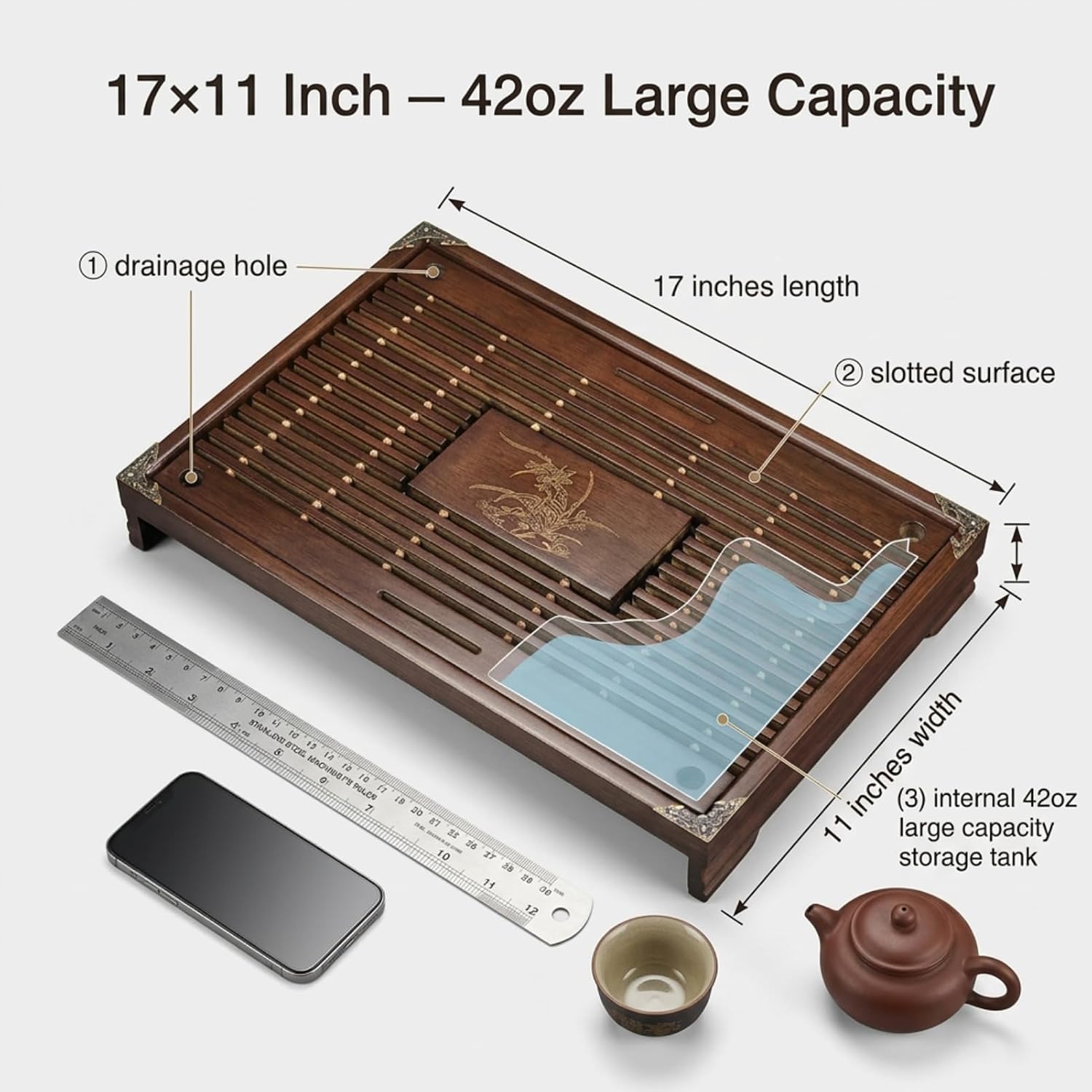 Wooden Tea Tray, 42oz Large Capacity Solid Wood Gongfu Tea Table, 17" x 11" with Copper Corner Decor, Includes Tea Pet, Professional Chinese Kung Fu Tea Tray for Tea Ceremony and Home